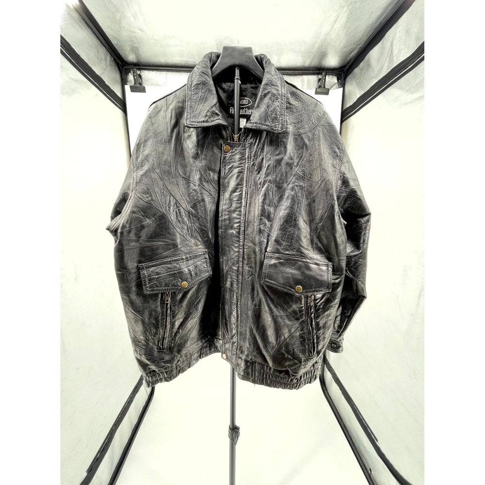 LeWorld Bomber Jacket Mens XL Black Leather Patchwork Zip Front Pockets Lined